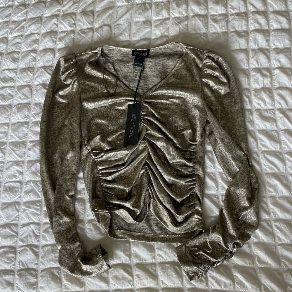 Rachel Zoe Silver Golden Metallic Ruched Long Sleeve Blouse